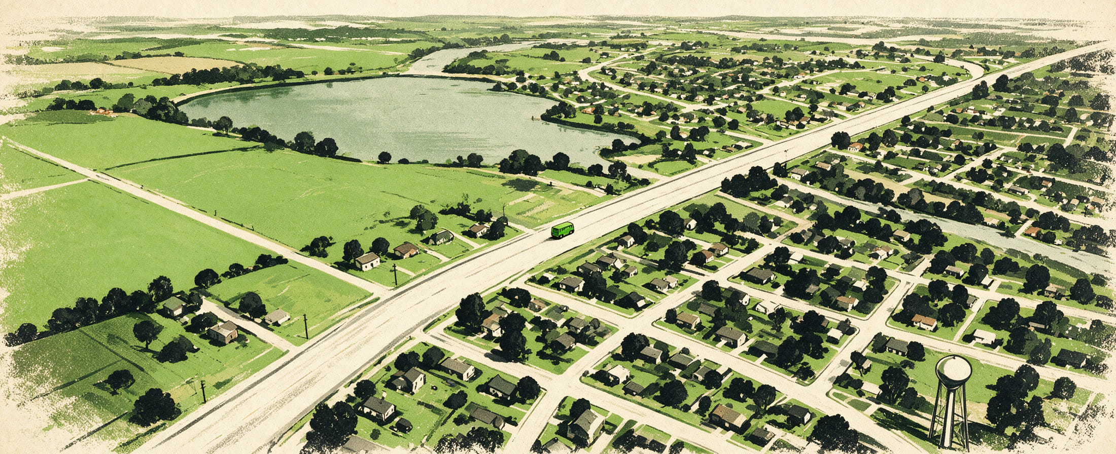 The Green Team van on a road through the north metro, past lakes, fields and neighbourhoods