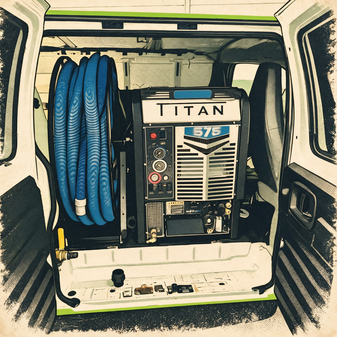 The Titan truck mount and coiled hoses inside the Green Team van